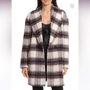 Avec Les Filles Plaid Double-Breasted Wool Blend Coat in Ivory, Brown and Black
